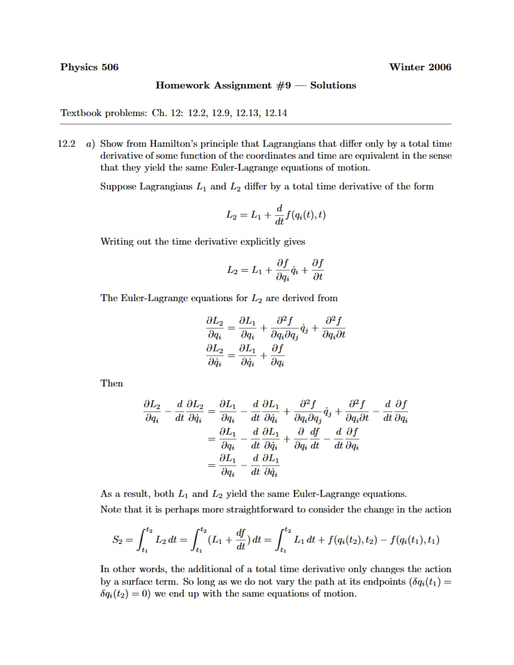 Assignment 9 Solutions for Physics 506