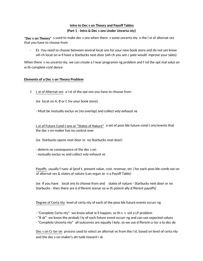 Decision Theory and Payoff Tables - Introduction