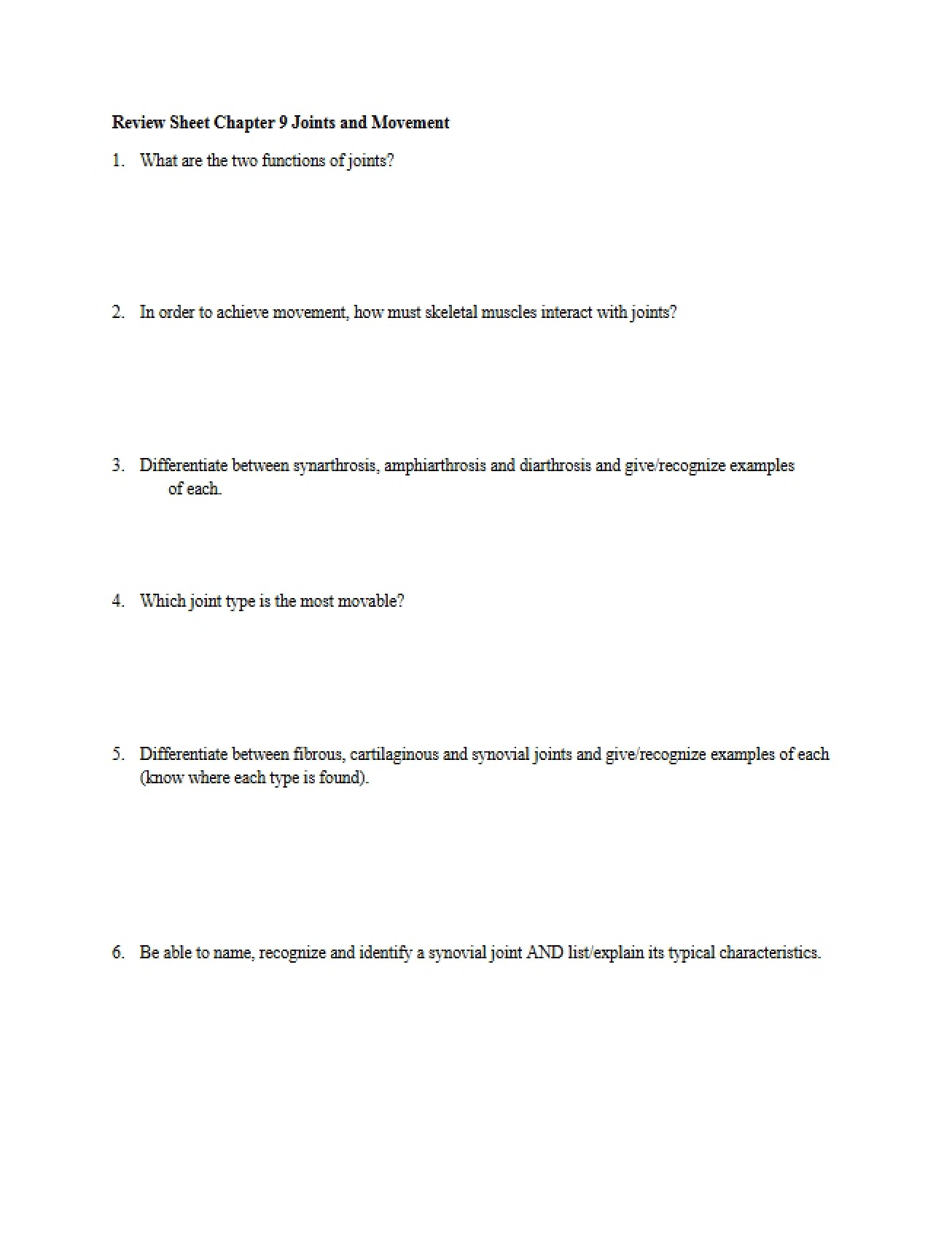 Joints Review Chapter 9