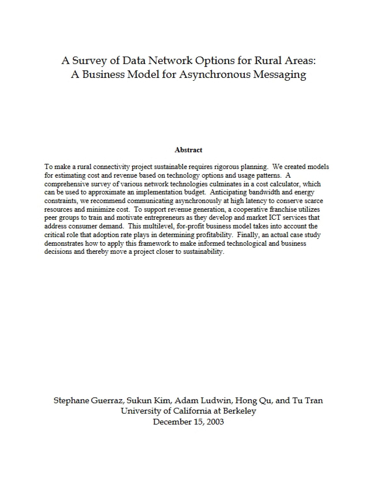 Survey of Data Network Options in Rural Areas
