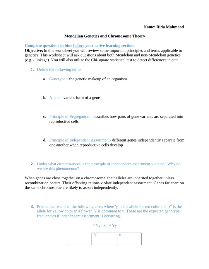 Chromosome Theory and Mendelian Genetics Activity