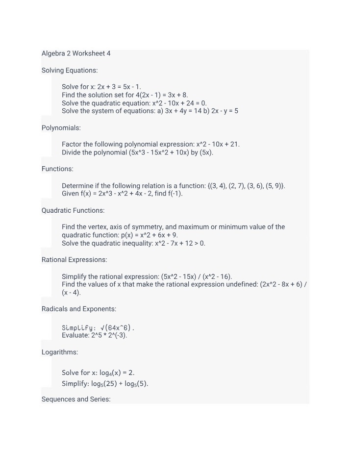 Worksheet 4 - Algebra 2