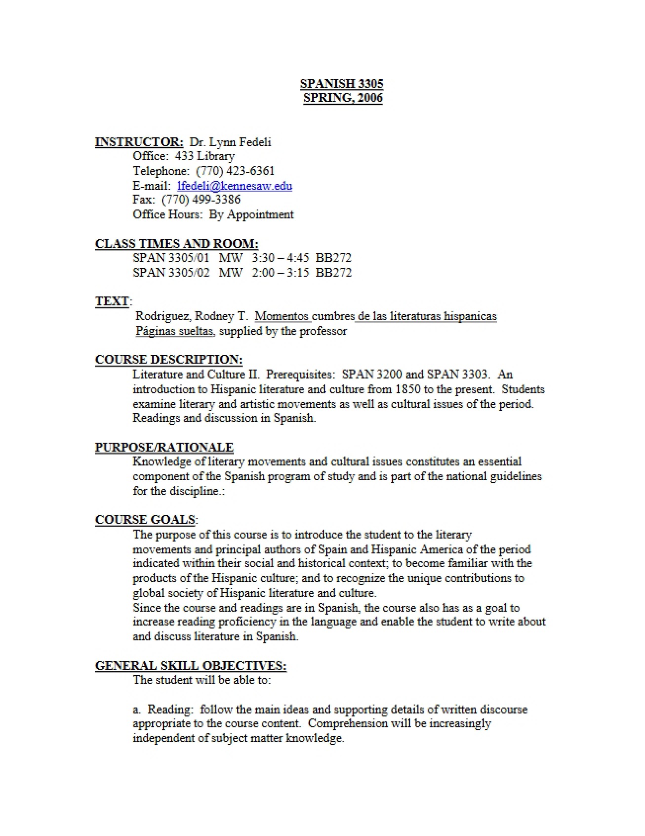 Class Syllabus for Literature And Culture II