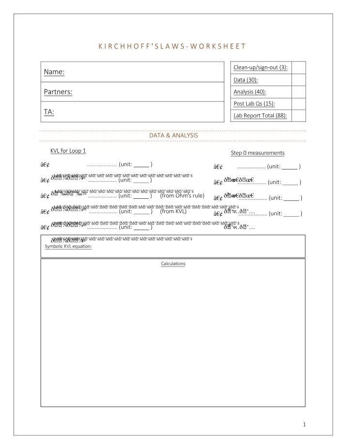 Worksheet - Kirchhoff's Laws