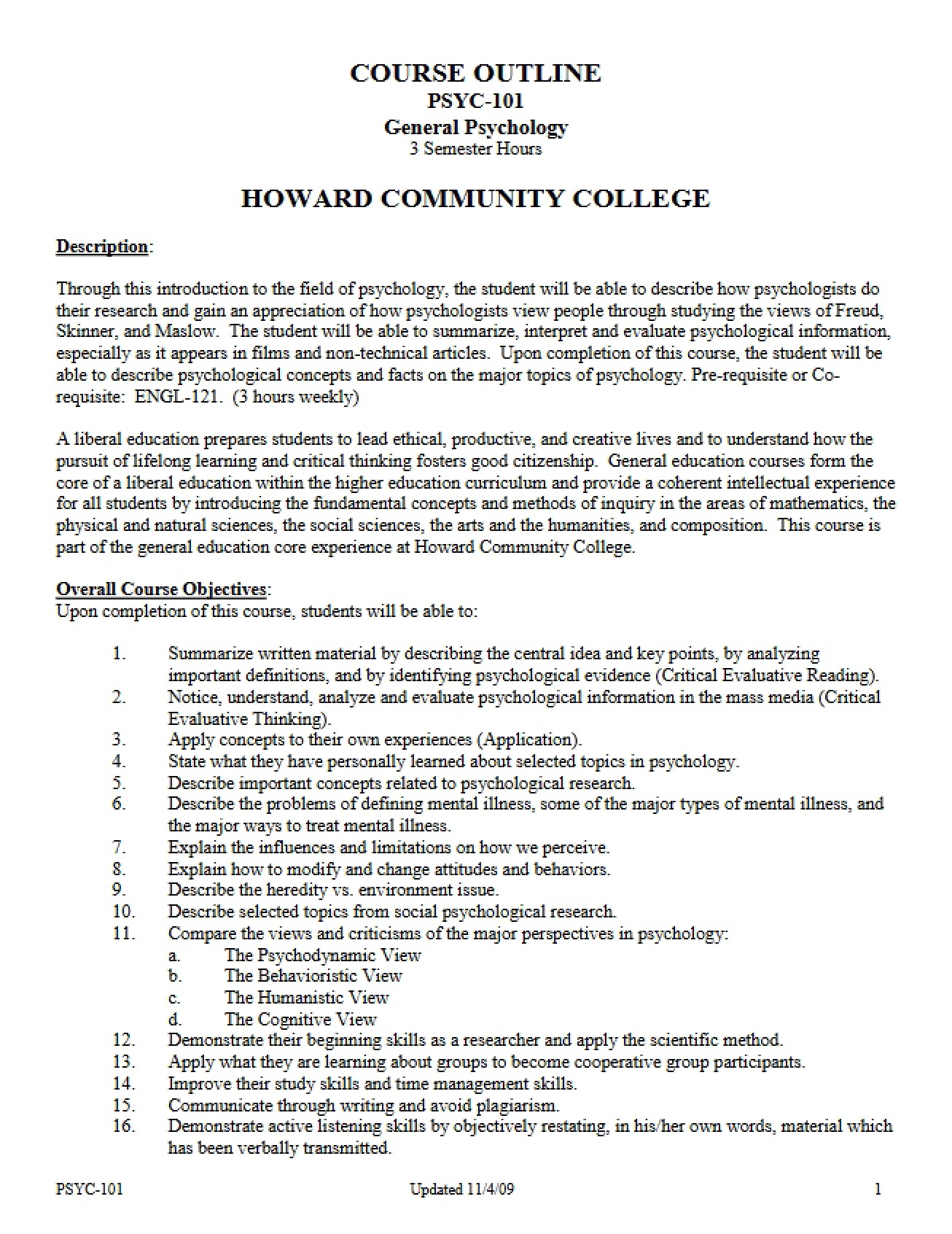 PSYC 101 Class Syllabus
