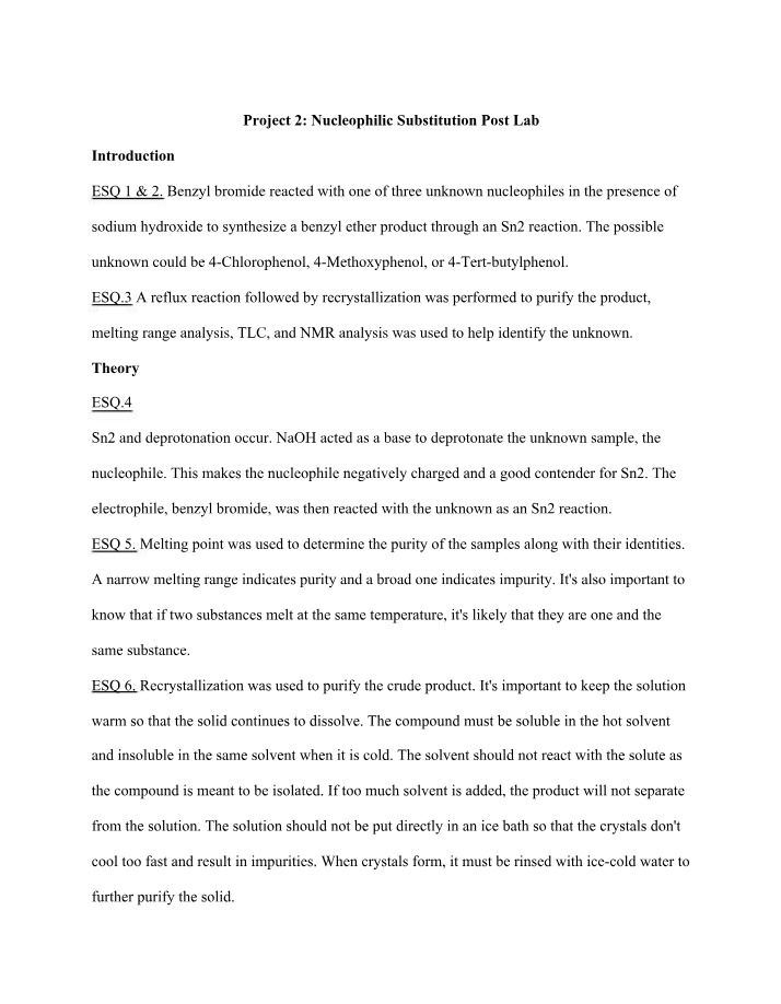 Project 2 Post Lab - Nucleophilic Substitution