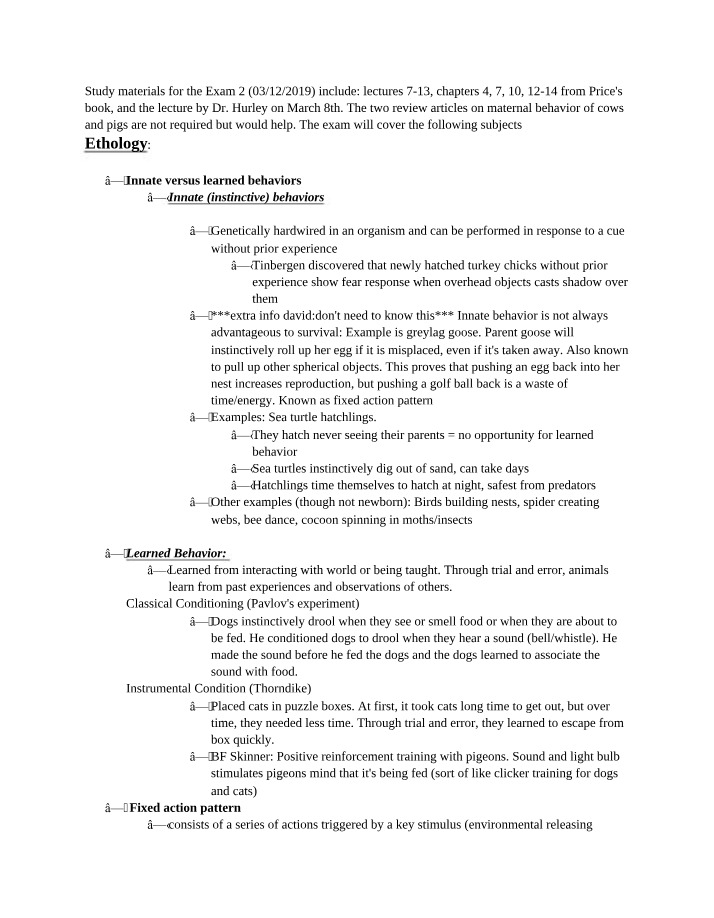 Study Guide for ANSC 363 Exam 2
