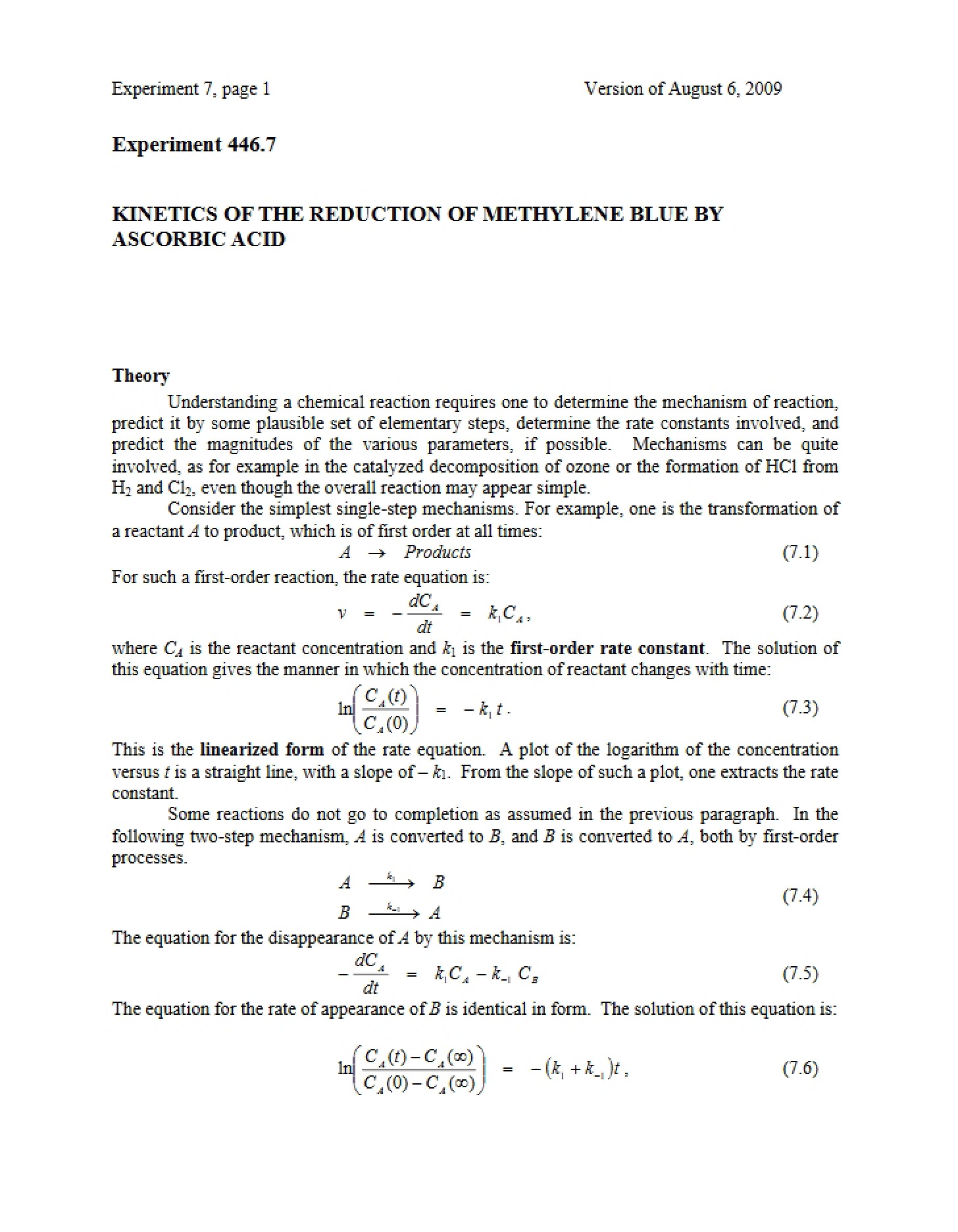 Ascorbic Acid Reduction of Methylene Blue (Kinetics)