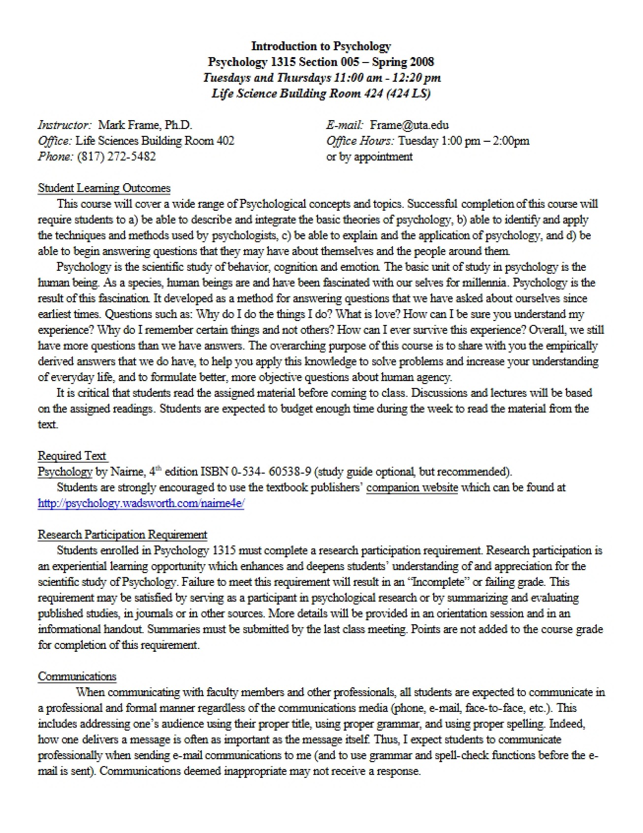 Syllabus for Intro to Psychology - 5 Pages