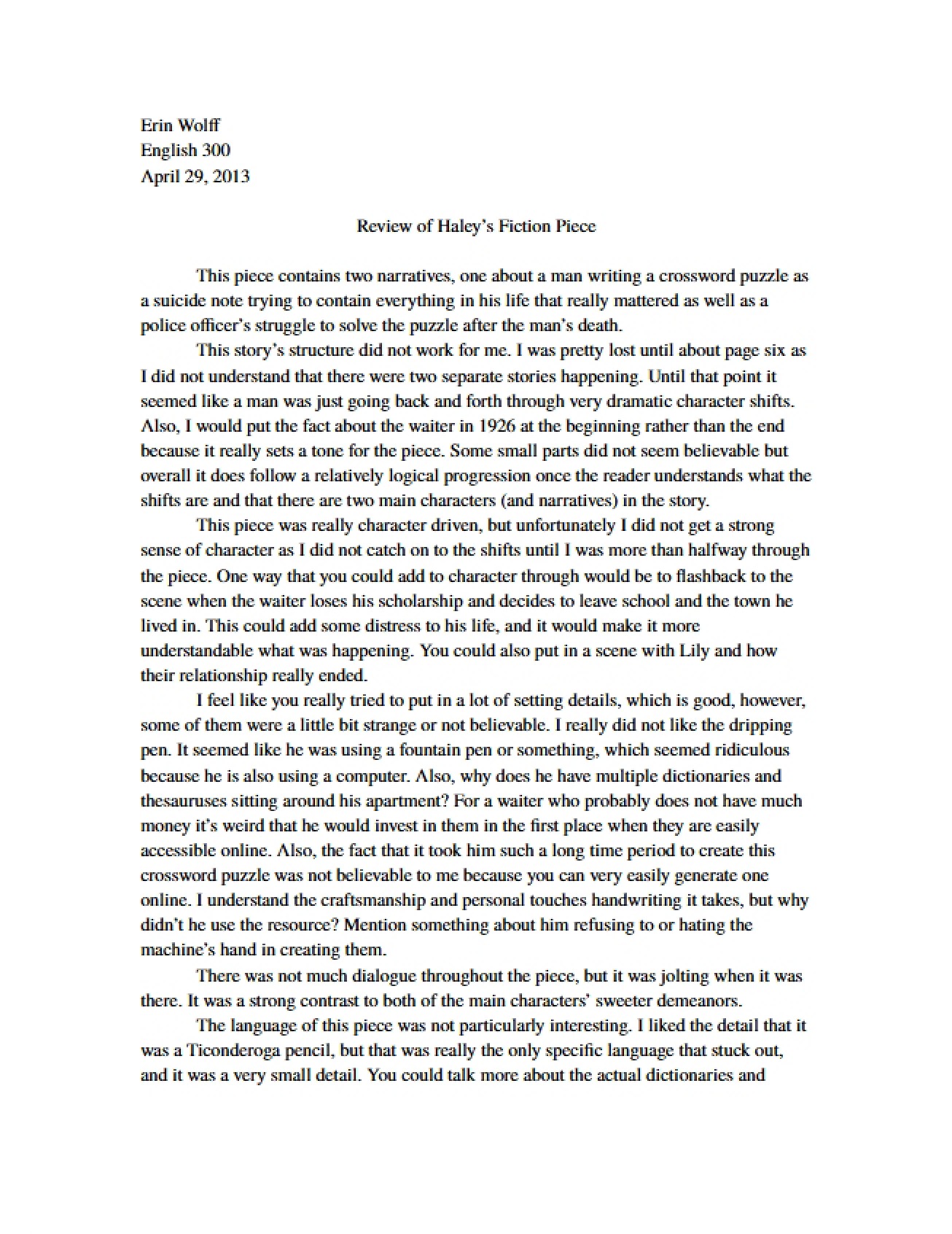 Critique of Story by Haley
