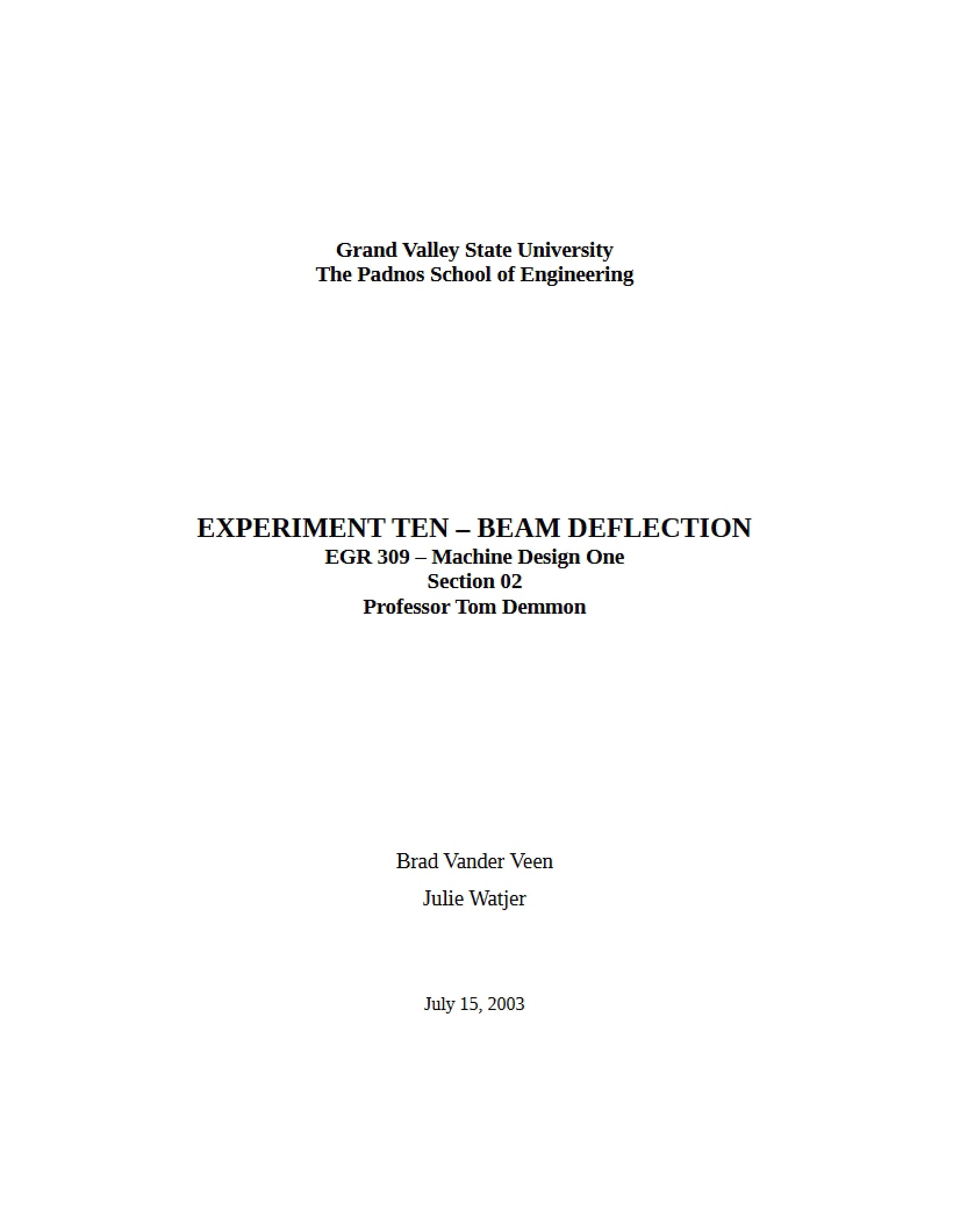 Experiment 10 Deflection of Beams