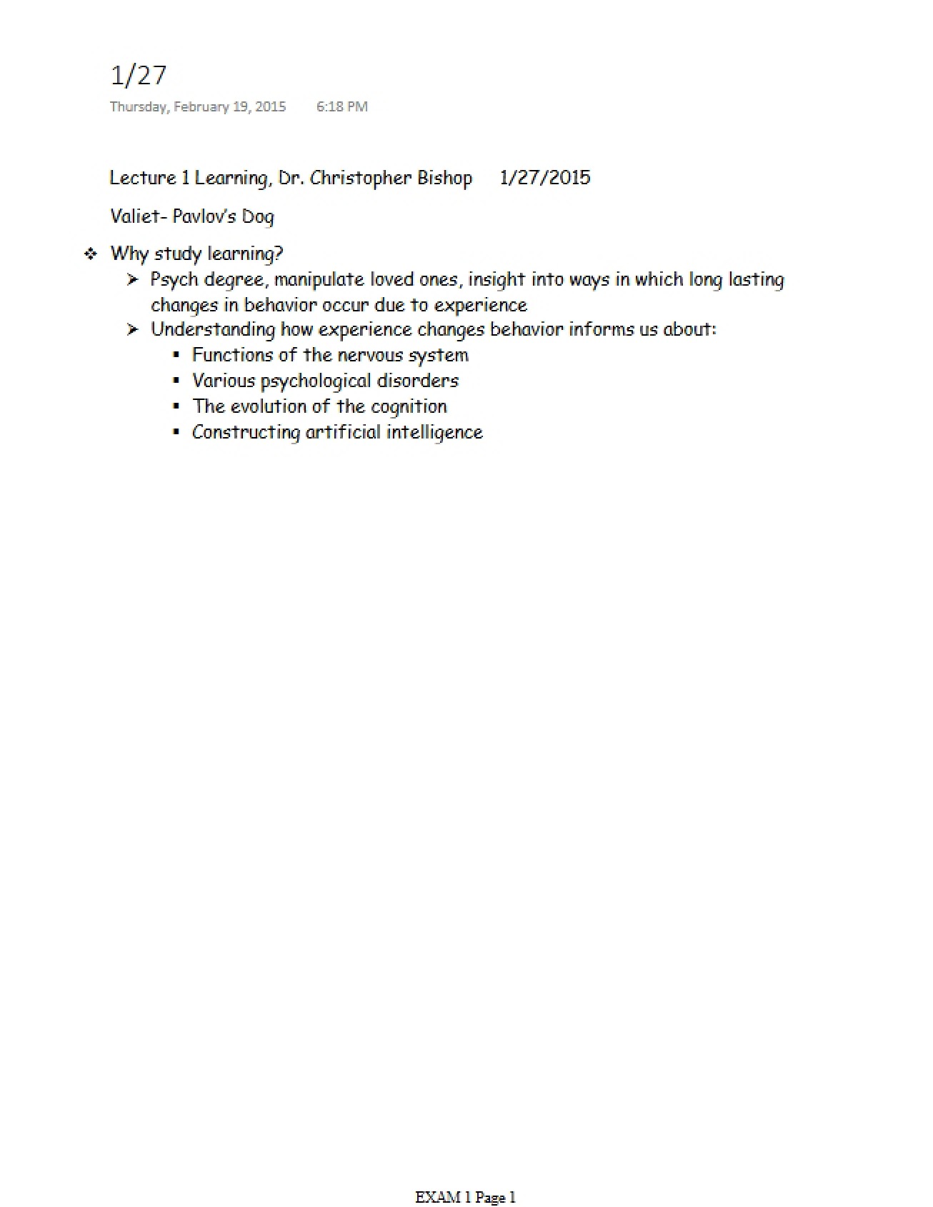 First Lecture Notes on the Psychology of Learning