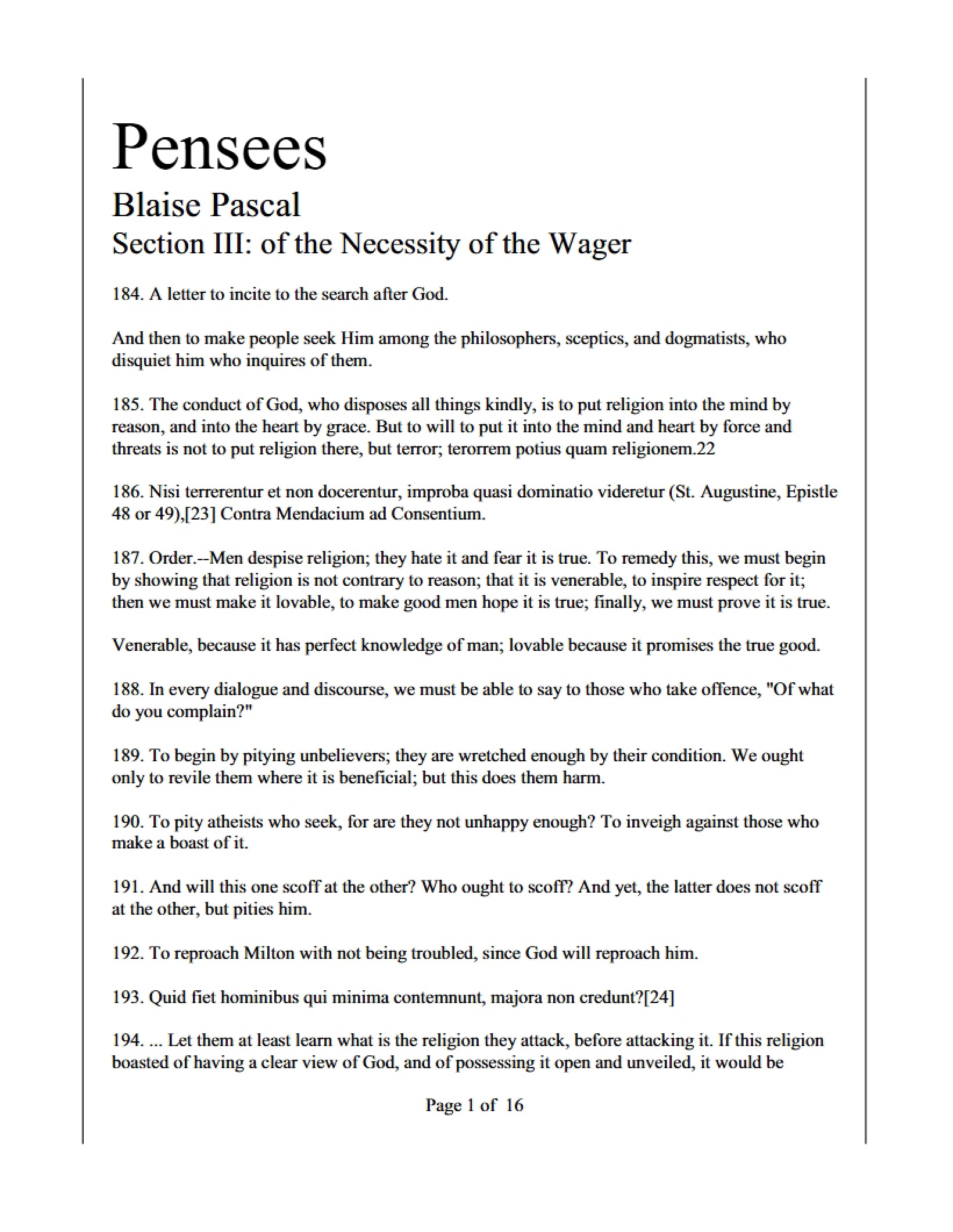 Necessity of the Wager Section III