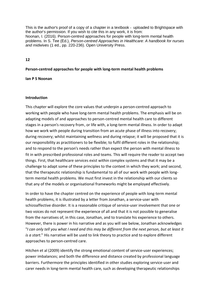 Person-Centred Approaches for Mental Health Problems