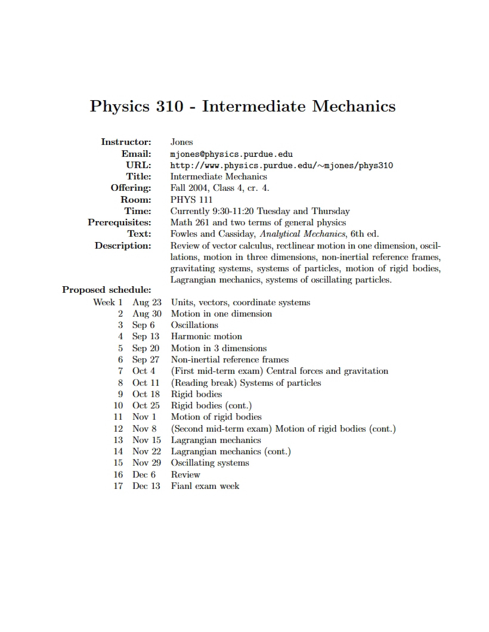 Intermediate Mechanics Syllabus