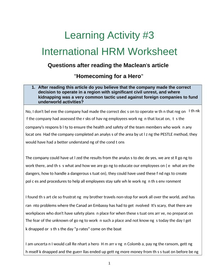 Worksheet for International HRM