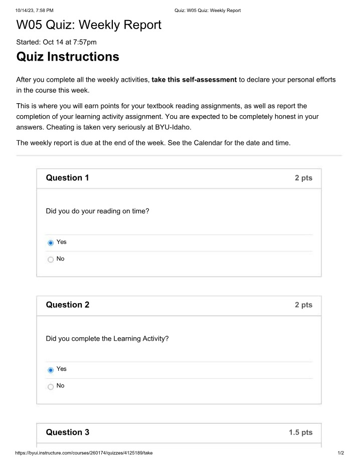 Weekly Report - W05 Quiz