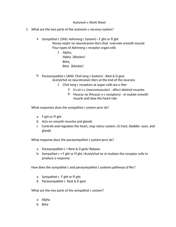 Work Sheet for Autonomic