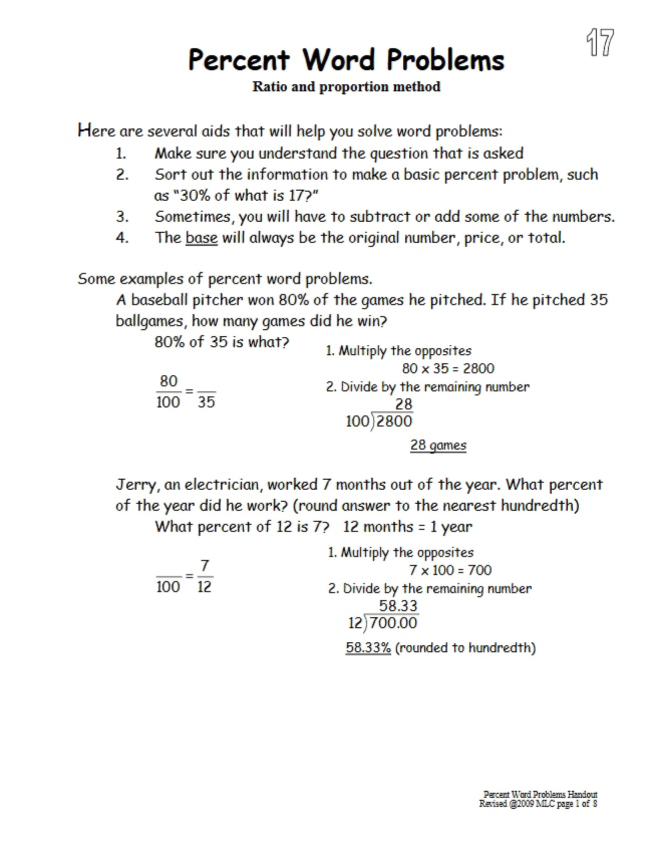 Word Problems Percentages