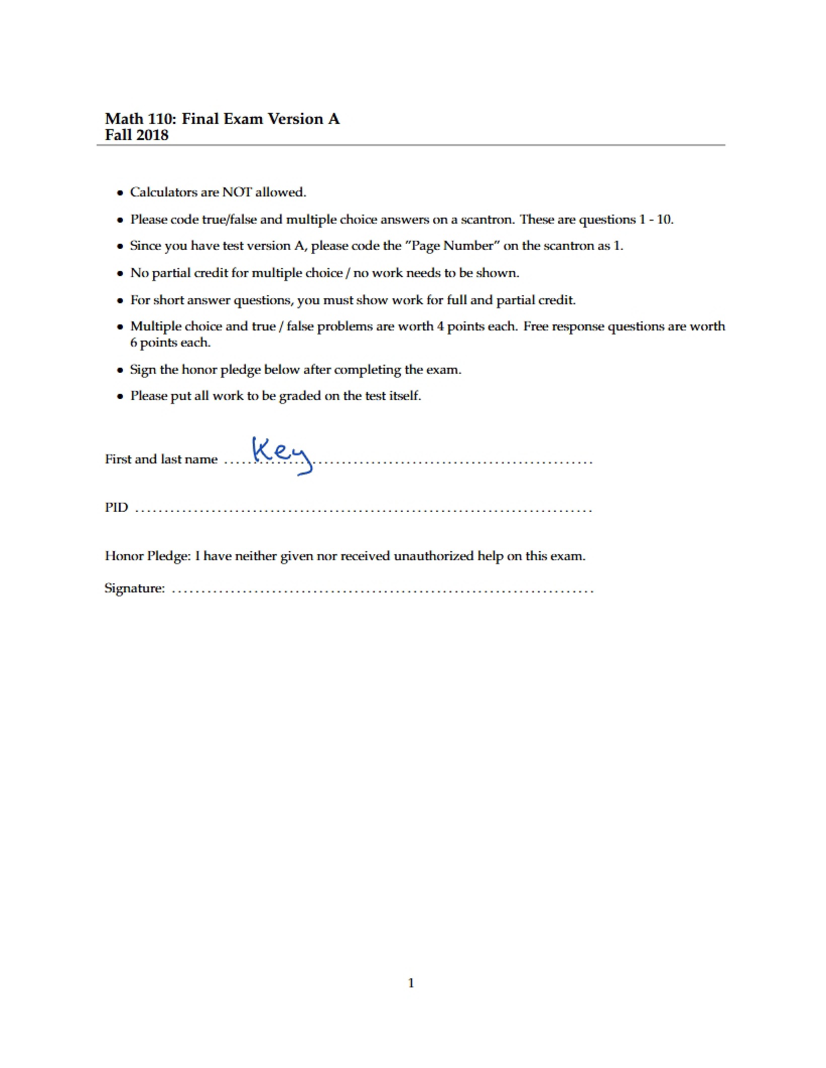 Algebra Final Exam Answer Key