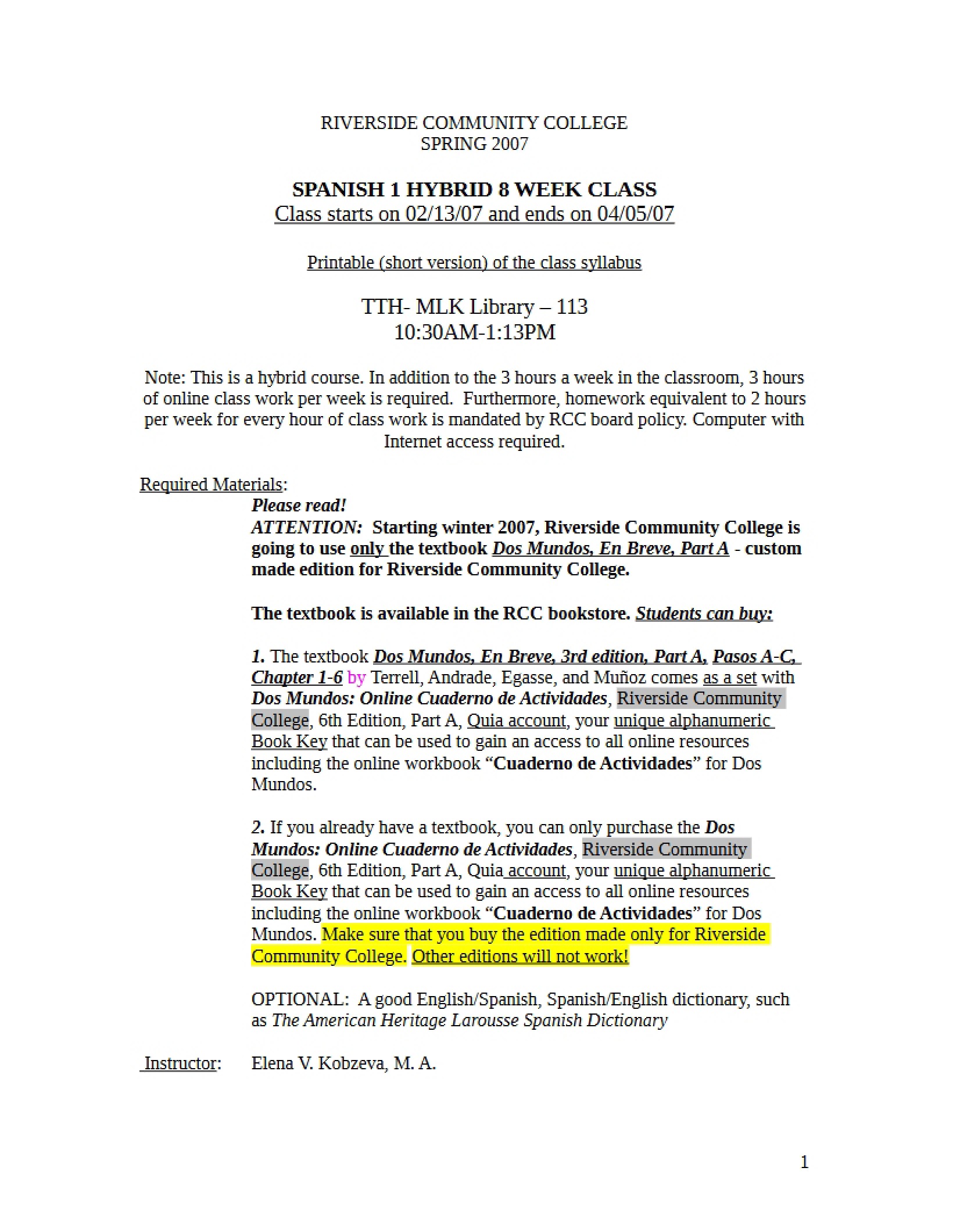 Syllabus for Spanish One - 29 Pages