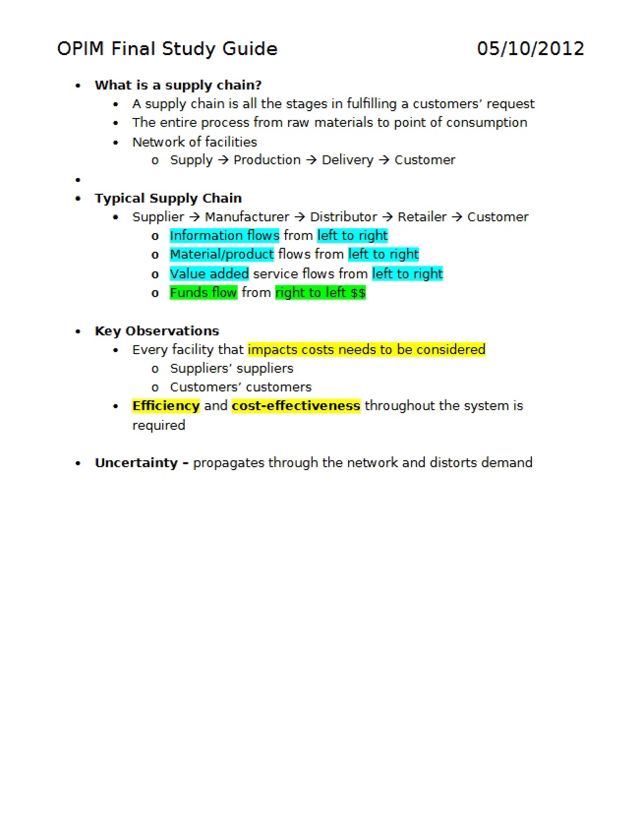 Final Study Guide for Operations and Information Management