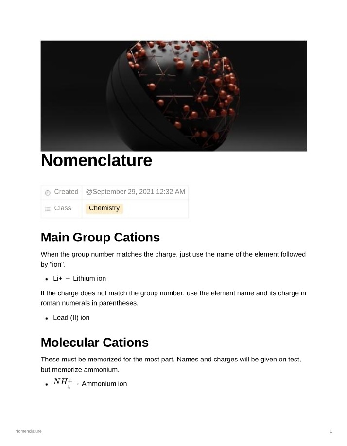 Chemistry Notes on Atomic, Molecular Cations, and Main Group Nomenclature