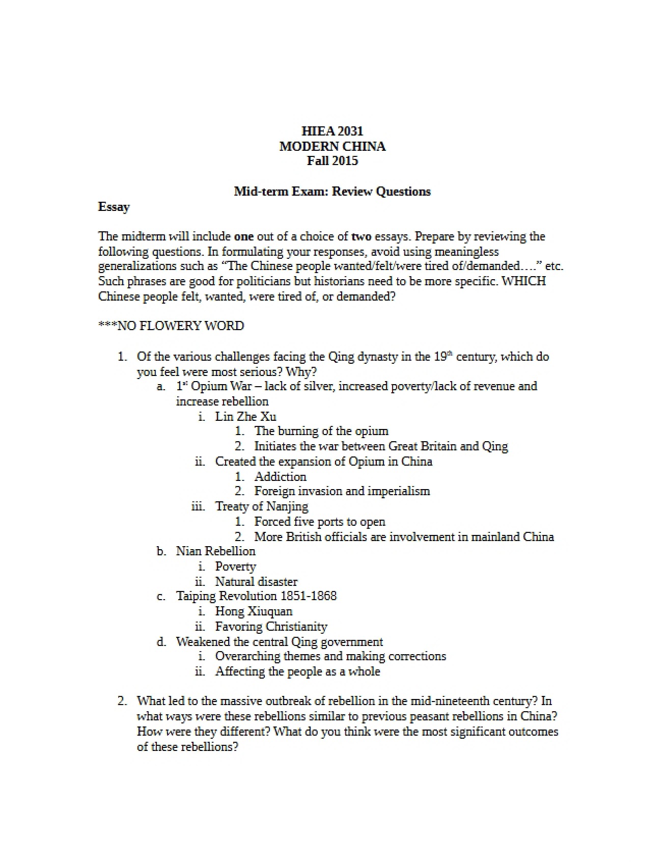 Review Questions for Midterm