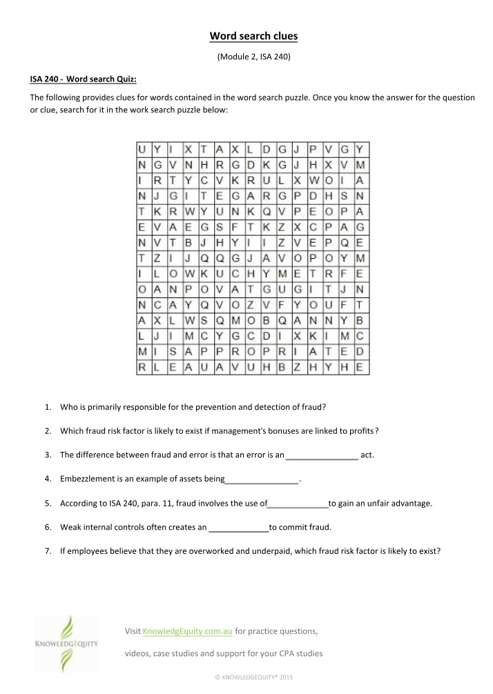 Word Search Quiz Questions for ISA 240