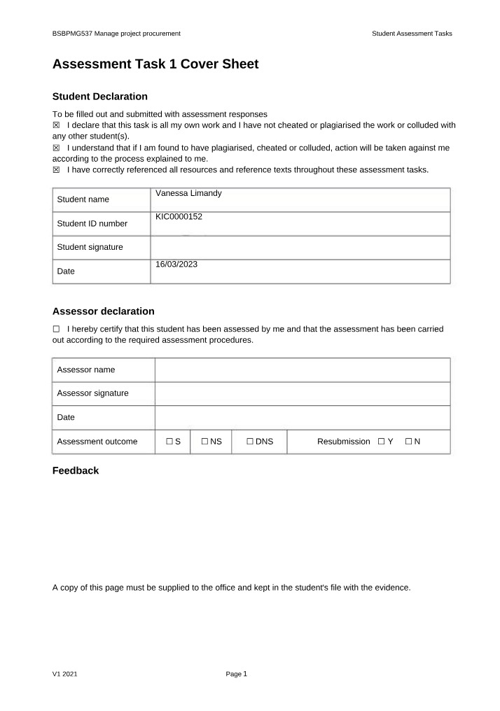 Written Questions for Assessment Task 1