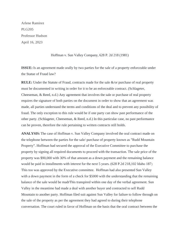 Statute of Frauds - Enforceability of Oral Contracts for Property Sale