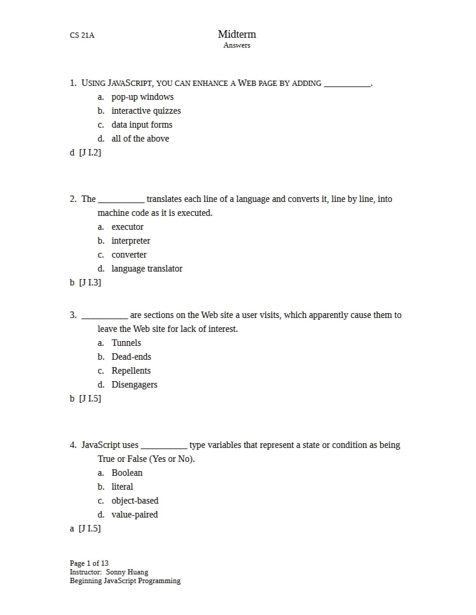 Answers for Midterm