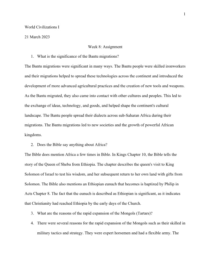 Week 8 Assignment - World Civilizations I