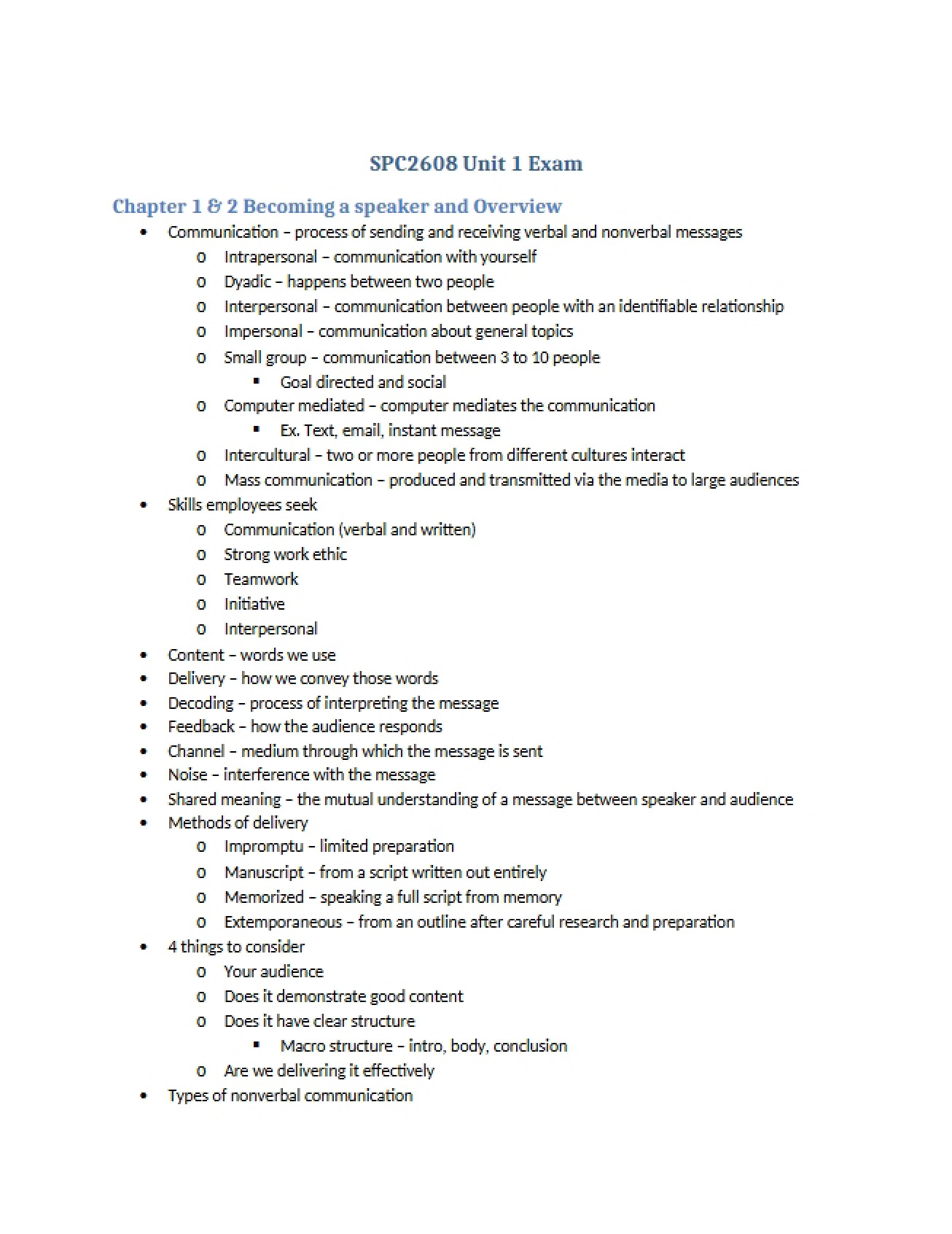 Exam for Unit One