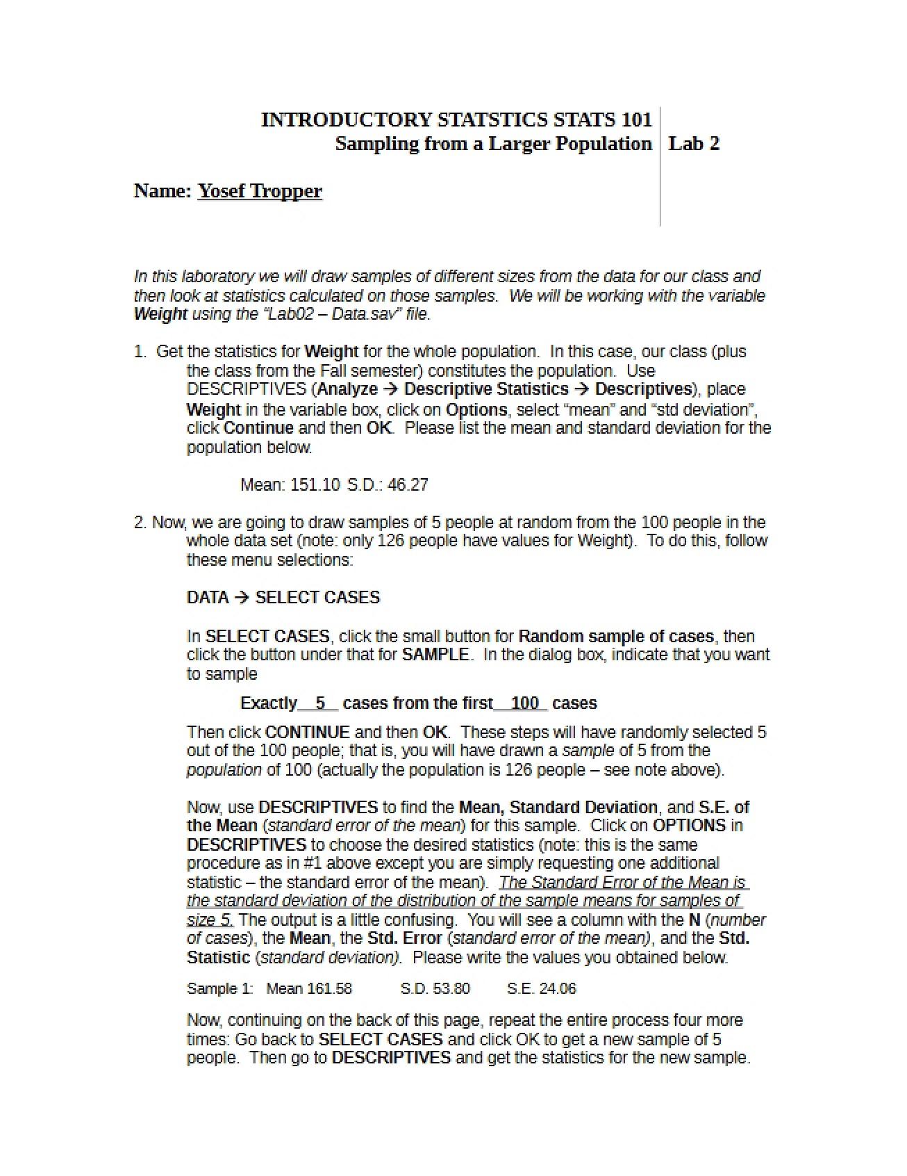 Lab Two Larger Population Sampling