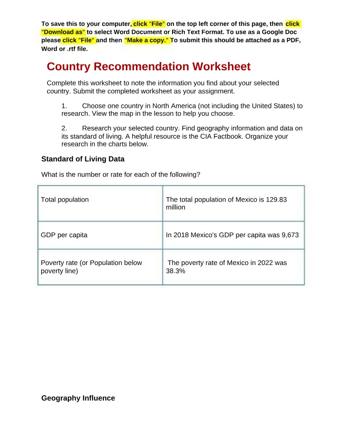 Worksheet - Country Recommendation