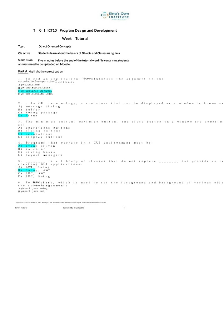 Week 7 Tutorial - ICT104 Program Design and Development