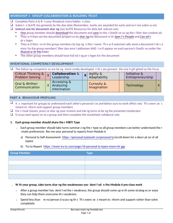 Workshop 1 Guide - Building Trust and Collaboration in Group Work