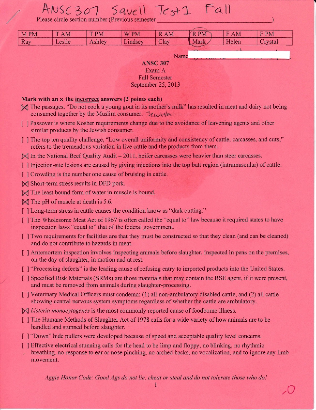Test from the Fall 2013 Semester for Meats