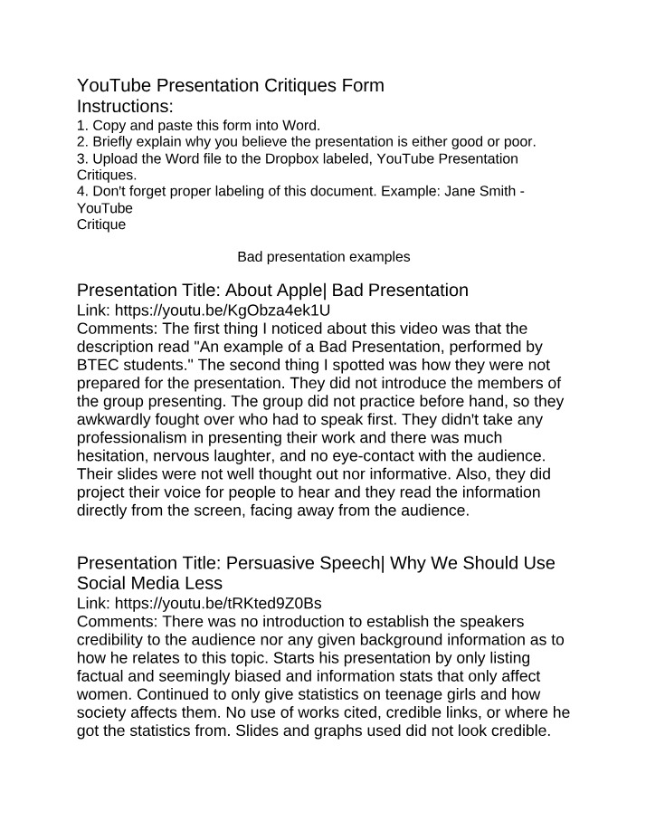YouTube Presentation Critiques - Good and Bad Examples