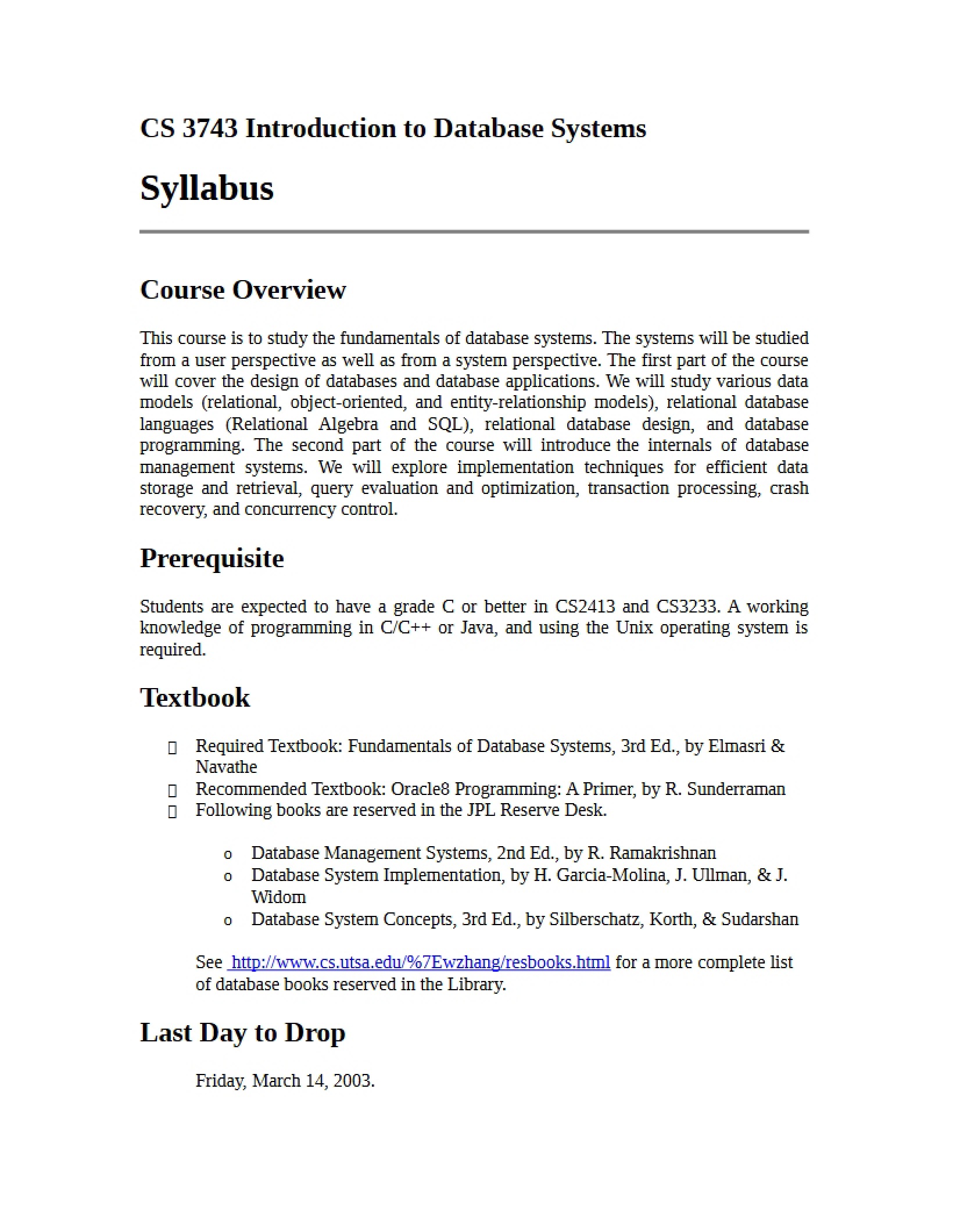Database Systems Syllabus