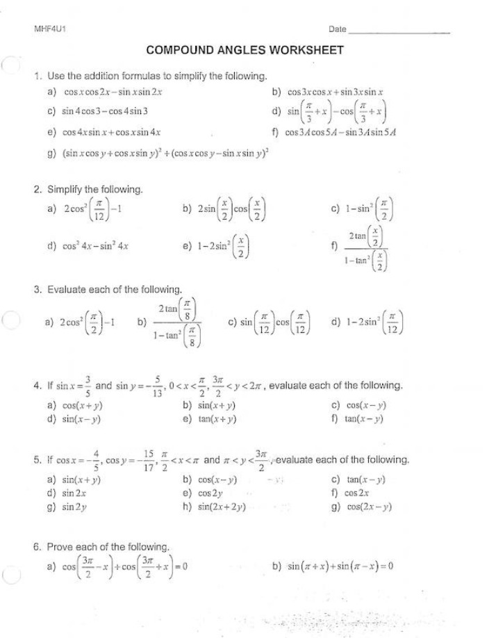 Worksheet on Compound Angles