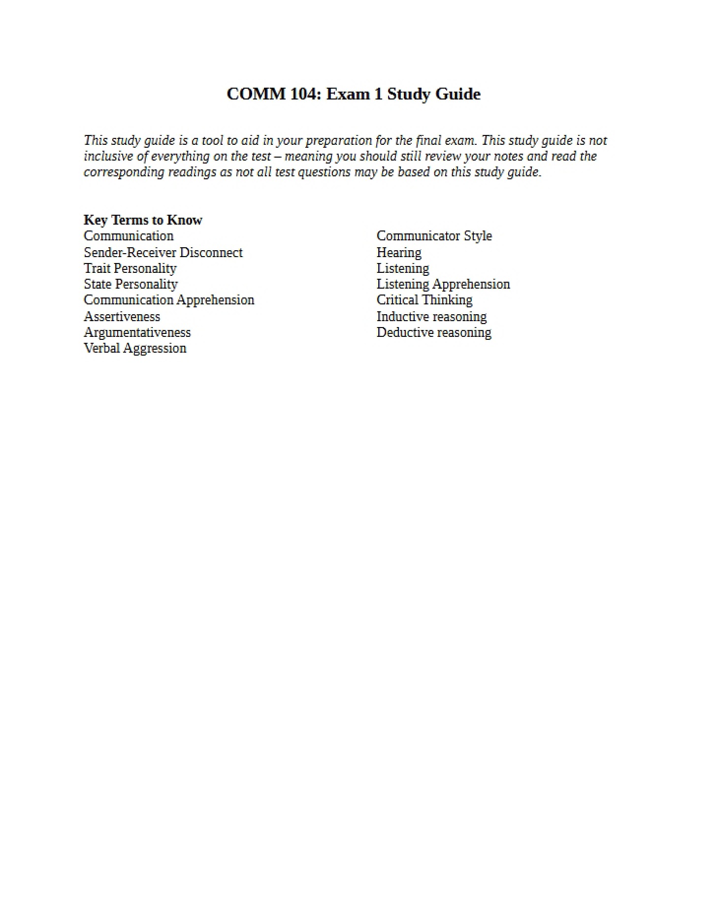 Study Guide for Comm 104 Exam 1