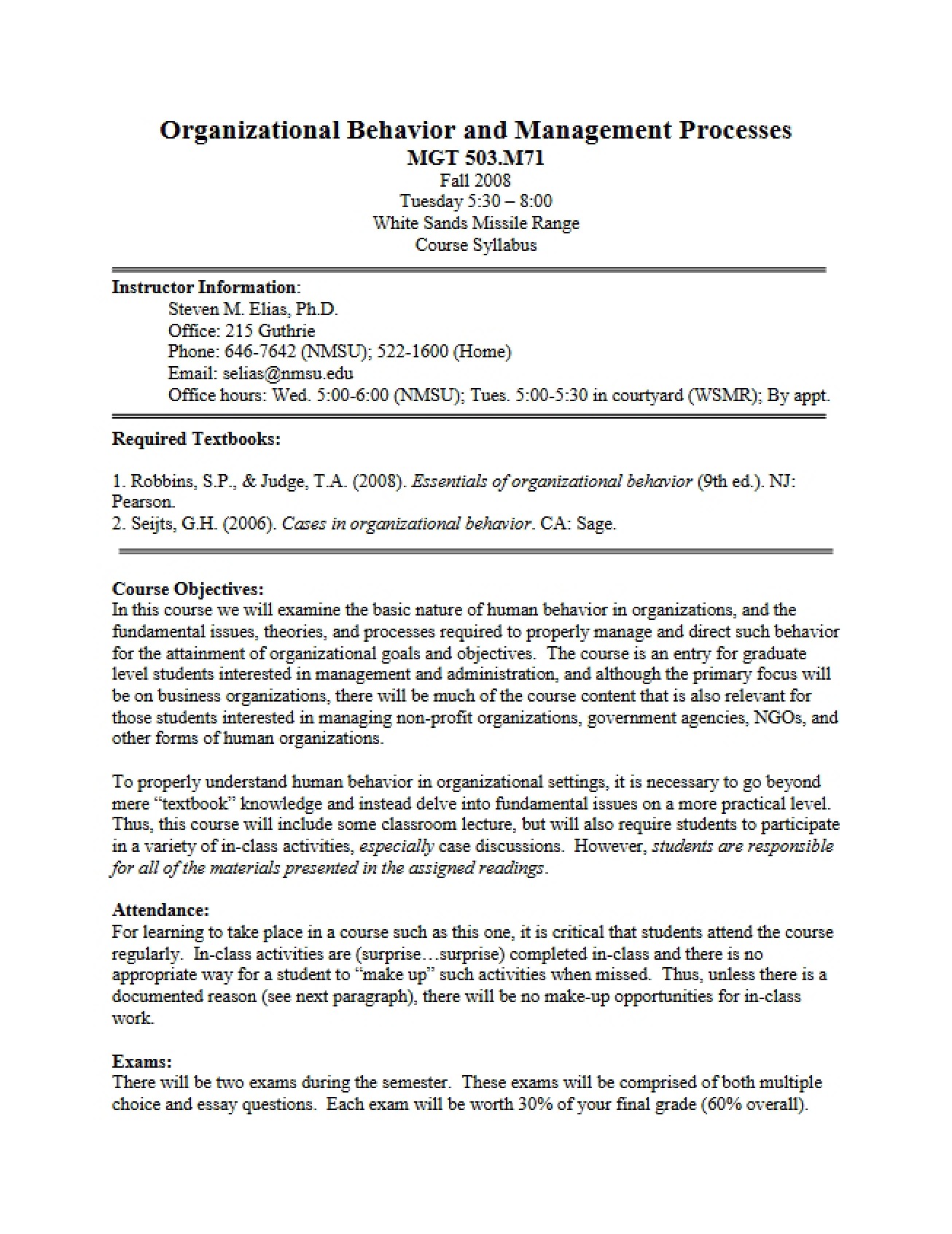 Course Syllabus for Organizational Behavior and Management Processes