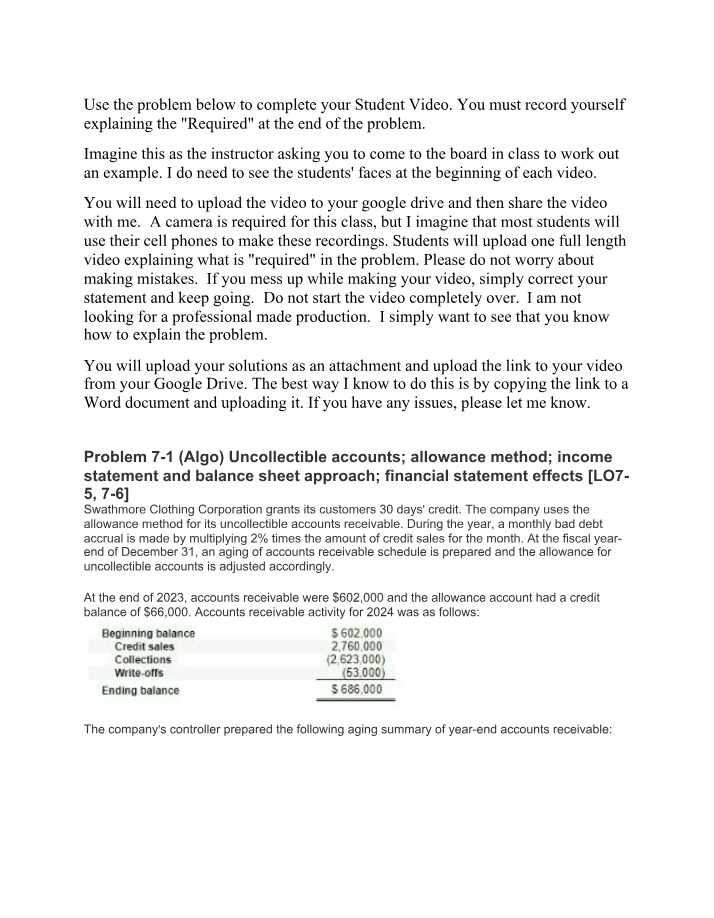 Uncollectible Accounts Allowance Method - Problem 7-1