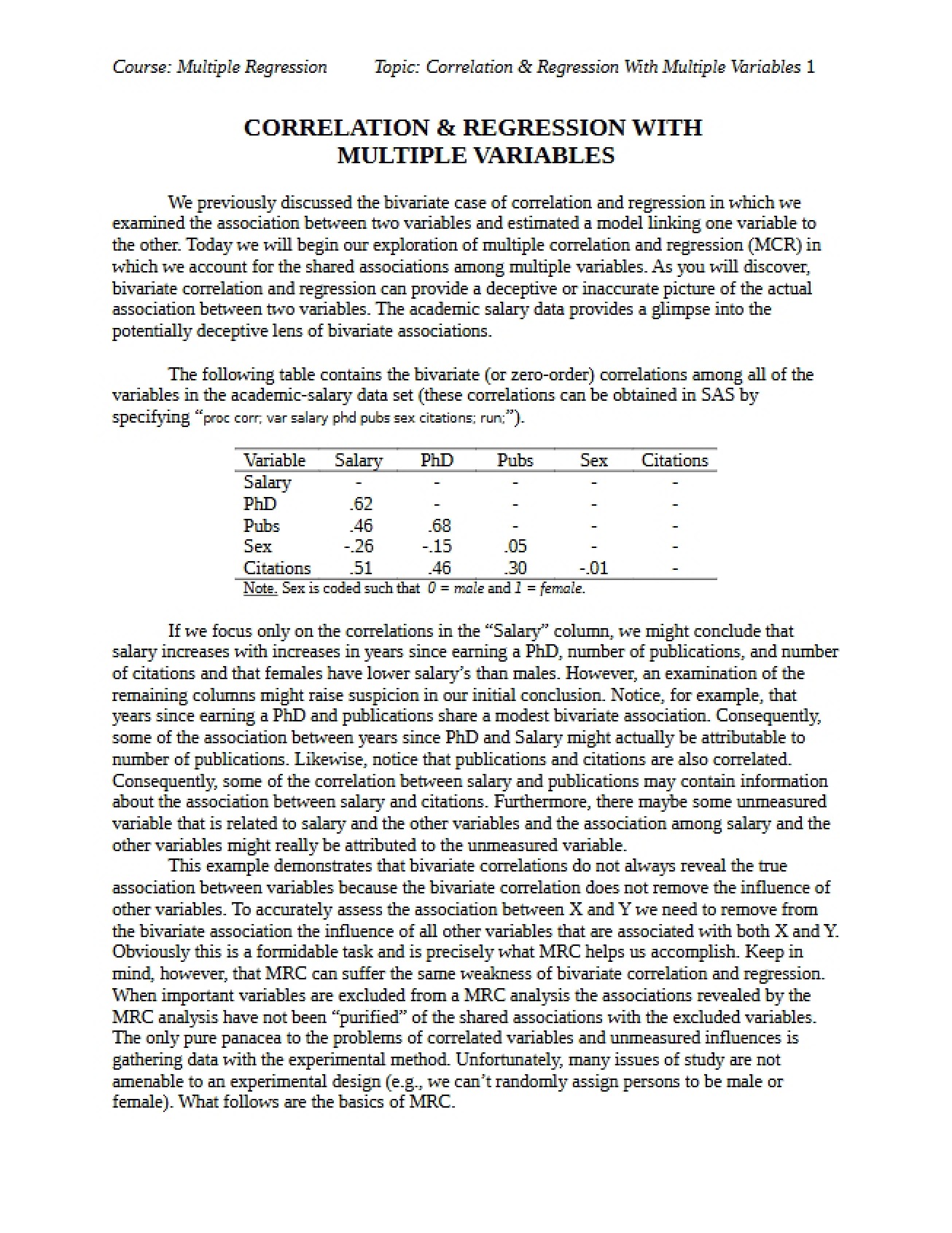 Correlation and Regression (Multiple IVs)