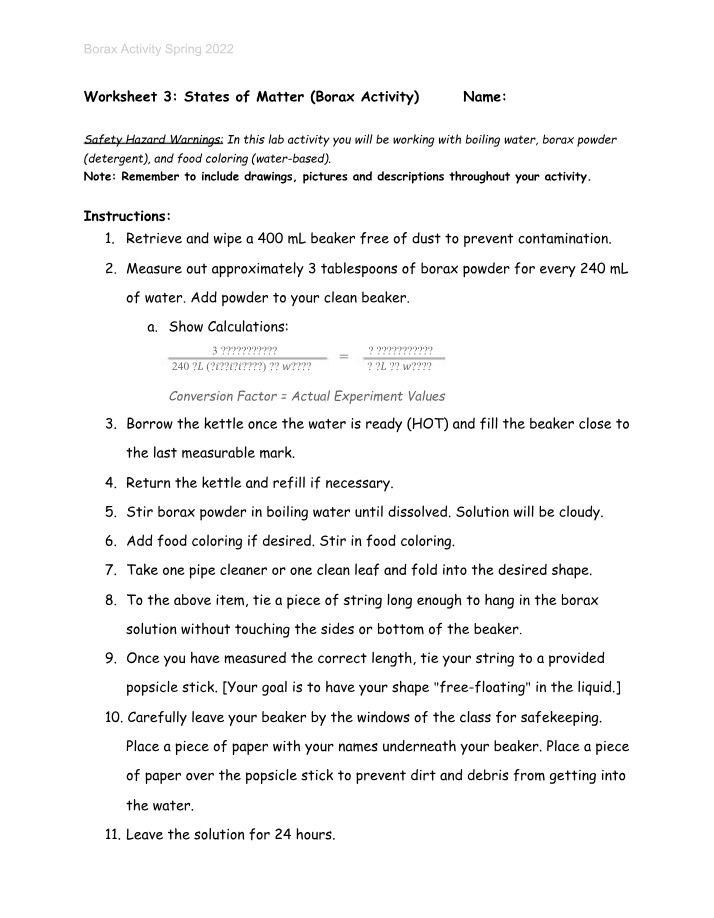 Worksheet for Borax Activity
