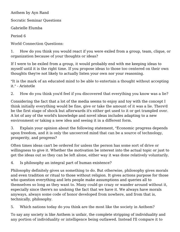 Socratic Seminar Questions - Anthem by Ayn Rand