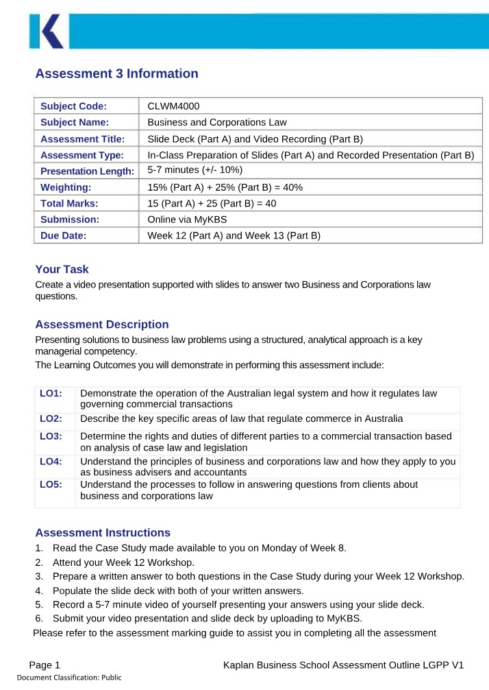 Business and Corporations Law - Assessment Slides and Video
