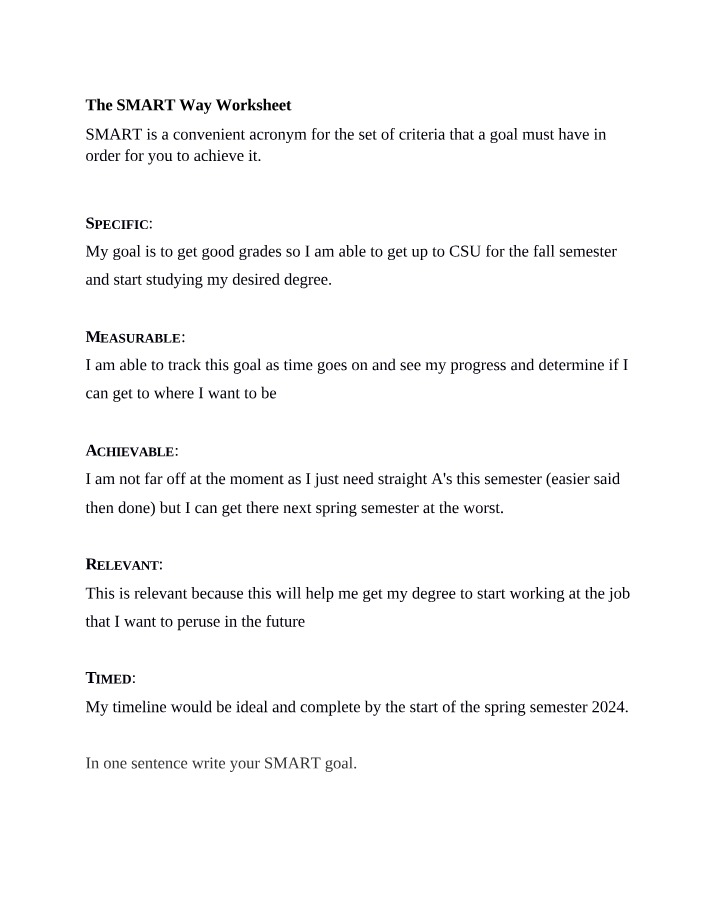 Worksheet for SMART Goals